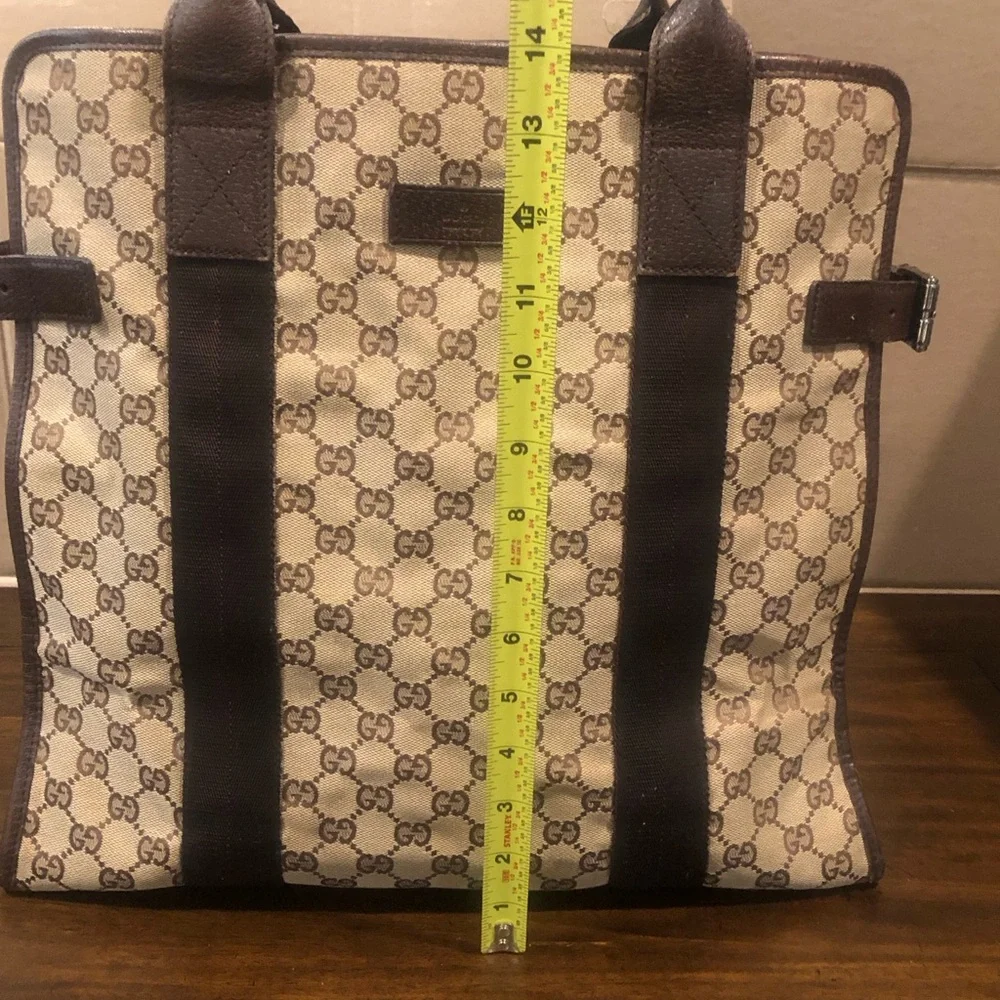 GUCCI GG Monogram Brown Leather Rolled Top Handle Oversized Laptop Tote Bag